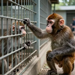 a monkey human hybrid poking at humans in cages