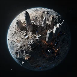 asteroid in space with a cyberpunk city on it