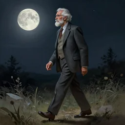 a old man, walking in the night under the moonlight. intricate, elegant, highly detailed, digital painting, artstation, concept art, sharp focus, illustration, by justin gerard and artgerm, 8 k