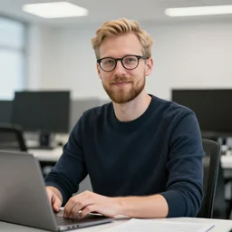 a blonde finnish man working for a tech consultancy company, glasses, circle beard