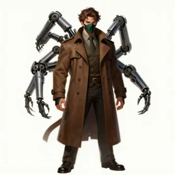 a highly detailed illustration of thick wavy brown haired young white guy wearing brown detective trench coat and wearing dark green mask, with many long mechanical arms on his back, dramatic standing pose, intricate, elegant, highly detailed, centered, digital painting, artstation, concept art, smooth, sharp focus, league of legends concept art, WLOP