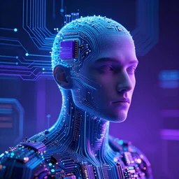 portrait of a circuit board human, cyberspace, blue and purple, light beams, hacker, digital art, 8 k trending on artstation