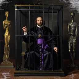 Misterious portrait of Pope Innocent X in a cage in penumbra by Velasquez painting by Pablo Picasso and Chaïm Soutine and Alberto Giacometti and Francisco Goya, black and purple and gold, vhs glitch, white noise
