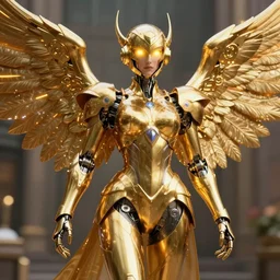 maria of metropolis, humanoid robot, golden full body armor, wide open wings, beautiful helmet in the shape of a face, glowing yellow eyes, scifi, glowwave, futuristic, raytracing, cinematic lighting, artstation, divine, unreal engine 5 rendered, art style by pixar warner bros dreamworks disney and kazuya takahashi