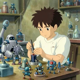 laboratory of a Genius Kid creating robots, illustration , in the style of Studio ghibli, tekkon kinkreet, akira, breath of the wild, myazaki, anime, clean render, denoise, rule of thirds