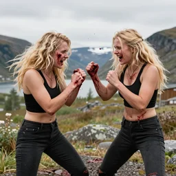 a fight between two gangs of blonde girls, bloody, photograph, nordic summer