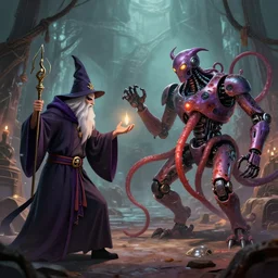 a battle between a wizard and an evil tentacle ai robot