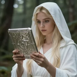 closeup shot of the goddess of memory holding up a sacred silver tablet in a forest, white hood, white robes, blonde, fantasy, magical, realistic and detailed, spiritual, supernatural, intricate, elegant, highly detailed, digital painting, trending on artstation, by wlop, 4 k octane render