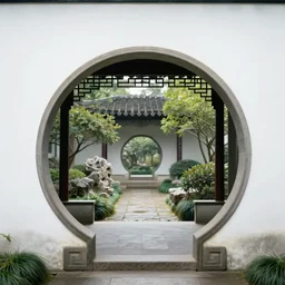 circular gate in a white wall, leading to a garden. chinese architecture. fantasy. detailed. sharp focus. trending on arstation. artist greg rutkowski.