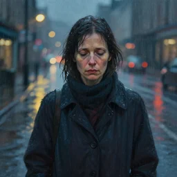 portrait of a sad middle - aged woman, rain, street at night, melancholy, art by rebecca guay and greg rutkowski
