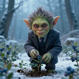 a goblin dressed as a ceo planting blueberries in a winter wonderland, cinematic shot