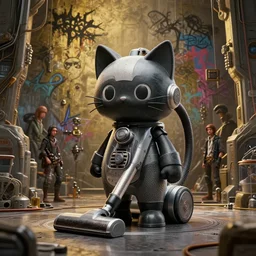 a cute cat character shaped like a vacuum cleaner, duotone dark scifi illustration. cinematic lighting mad scientist style. golden ratio accidental renaissance. by sachin teng and sergey kolesov and ruan jia and heng z. graffiti art, scifi, fantasy, hyper detailed. octane render. concept art. trending on artstation