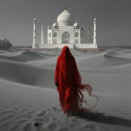 one lone singular swirling otherworldly demonic figure shrouded in red robes emerges from extensive barren grey dunescape, matte painting by peter mohrbacher and filip hodas, background taj! mahal!, godrays, high contrast, highly detailed, a