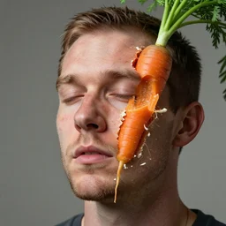 a hyper realistic ultra realistic photograph of gallagher peeling his own face off revealing carrot top by brandon hughes, detailed, photorealistic imagery, 8 k quality