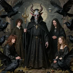 matte symmetrical portrait of an anthropomorphic demon mage surrounded by a flock of crows. by hieronymus bosch, cyril rolando, esher and natalie shau, whimsical, profound, impossible. trending on devaintart.