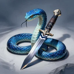 “a vicious blue viper snake wrapped around a wonky dagger, blue tint, drawing”