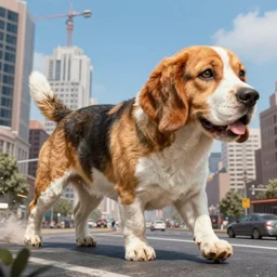 photo of gigantic beagle walking over a city, each step make the earth shaking, similar size as godzilla