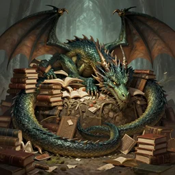 A huge dragon sleeping on a hoard of books, by Randy Vargas. Trending on Artstation. HQ