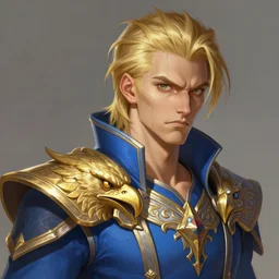 portrait of a blonde masculine man two sides hair and thin face lines, he is angry, he wears a blue costume, with golden eagles head on the shoulders in shoulder pads, intricate, elegant, highly detailed, digital painting, artstation, concept art, matte, sharp focus, illustration, hearthstone, art by artgerm and greg rutkowski and alphonse mucha
