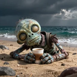 sleepy zombie on a beach with a coffee in its hands