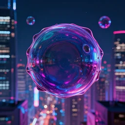 a generactive design of city's neon night, metaballs, fluids, post cyberpunk