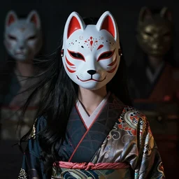 a Photorealistic dramatic fantasy render of a beautiful woman wearing a beautiful intricately detailed Japanese Wolf Kitsune mask and clasical Japanese Kimono by WLOP,Artgerm,Greg Rutkowski,Alphonse Mucha, Beautiful dynamic dramatic dark moody lighting,shadows,cinematic atmosphere,Artstation,concept design art,Octane render,8K The seeds for each individual image are: [3059396411, 1380492577, 4050413996, 1113220254]