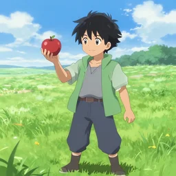 ryuk in a field holding an apple, 4 k, trending on artstation