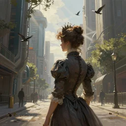 portrait of a victorian lady in a futuristic city, from behind, streets, birds in the sky, sunlight and rays of light shining through trees, tall buildings on the sides, beautiful, solarpunk!!!, highly detailed, digital painting by Boris Johnson