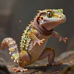 closeup 2 8 mm anthropomorphic a gecko wearing its shedded skin as a sweater, d & d, fantasy, intricate, action pose, particle effects, highly detailed, digital painting, artstation, concept art, matte, sharp focus, volumetric lighting, illustration, hearthstone, art by artgerm, wlop, craig mullins, alphonse mucha