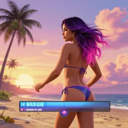 a stunning GTA V loading screen with a beautiful woman with ombre hairstyle in purple and pink blowing in the wind at the beach at sunset in a bikini, outrun, vaporware, palm trees, retro, beautiful sky with cumulus couds, digital art, trending on artstation