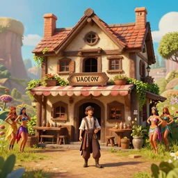tavern bard infront of tiny, medieval era tavern with exotic dancers, exterior, two stories, vaporwave aesthetics, 8 k uhd, unreal engine, octane render in the artstyle of finnian macmanus, john park and greg rutkowski