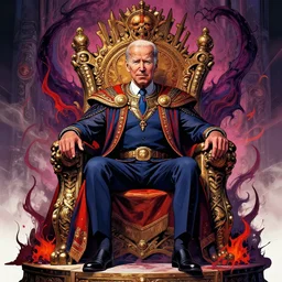 Joe Biden sits atop a throne after becoming the emperor of mankind, evil, chaos, ornate, horror, detailed, colorful