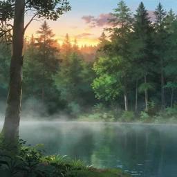 forest with lake, fog and sunset backlight, detailed panorama painting by yokohama animation