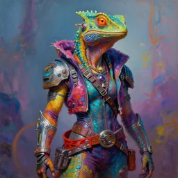 a portrait of a scifi post apocalyptic lizardfolk, sorcerer divine, hermit male, scifi fantasy character design, psychedelic vibrant colors, futuristic punk rock fashion, oil painting by abigail larson art and inhyuk lee, sharp focus, realistic, highly detailed, 8 k