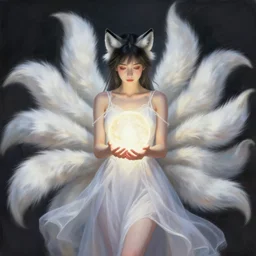 a woman in a white dress holding a glowing ball | with nine white fox tails | a detailed painting by ross tran | wlop and stanley artgerm lau | featured on deviantart | fantasy art | ( ( ( ( ( ( ( ( ( ( hyperrealism ) ) ) ) ) ) ) ) ) | anime | 2 d game art | official art