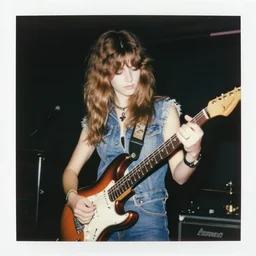 Girl holding guitar, girl using violin bow on guitar, violin bow, electric guitar, long shaggy-haired rocker, wearing denim, proto-metal concert, live concert, 1972, super 8mm, Polaroid