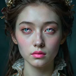 surrealist very detailed rococo portrait of woman with iridescent eyes and pink mouth matte painting concept art key sage very dramatic dark teal lighting wide angle hd 35mm shallow depth of field 8k