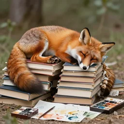 fox sleeping on a pile of books, watercolors, 1 9 3 0