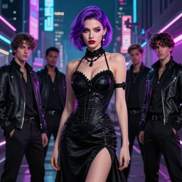 half - body, attractive male assassin, cyberpunk, purple hair, ornate black dress, neon lights, city, octane render, irakli nadar, lois van baarle, charlie bowater, ruan jia, greg rutkowski, 1 6 k, glamour shot, dramatic