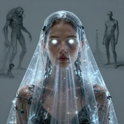 portrait of sophia di martino, covered in transparent cloth, plastic, glowing eyes, flat background, masterpiece, glowing, wires everywhere, by edgar maxence and ross tran, zdzisław beksinski, and michael whelan, distant, gustav dore, h. r. giger, 8 k, octane render