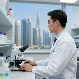 a medical laboratory scientist in lab coat gazing at the dubai skyline