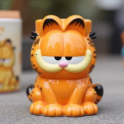 a closeup photorealistic photograph of a glossy cute orange garfield style tiki mug sitting at an outdoor trader vic's bar featuring garfield's face. tiki theme. icy colorful drink. bright scene. fine detail. this 4 k hd image is trending on artstation, featured on behance, well - rendered, extra crisp, features intricate detail, epic composition and the style of unreal engine.