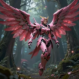 a female saints made of mecha with a huge wings is flying in the fantasy forest by merriam, daniel, intricate mechanical details, futuristic, 2 k aesthetic, dramatic lighting, concept art, 4 k, 3 d octane render, pink and red colors, provenance, detailed, trending on artstation