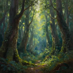a hyper-detailed oil painting of a fantasy forests with rays of light coming through the canopy; an extraordinary masterpiece!!!; flawless; photorealistic; trending on artstation; f/1.4; 90mm