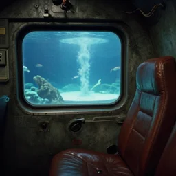 fuji 5 0 r, 3 5 mm ; closeup seinen manga film still of nuclear shelter interior with leather seat side window view like ; in the background projection of beautiful hyperrealistic film still from bbc documentary movie of aquarium scene in style of 1 9 9 0 frontier in porcelain 3 5 mm photography magazine architectural studio edition, highly detailed, cinematic lighting, 8 k