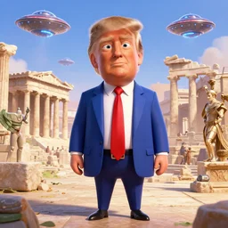 Pixar movie about an Donald Trump invasion of Ancient Athens, UFOs, portrait, intricate, 8k highly professionally detailed, HDR, CGsociety