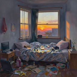 in a messy bedroom at sunset, painted by sana takeda, reflections, very high intricate details, painting by liu xiaodong, digital anime art, medium shot, mid - shot, composition by ilya kuvshinov, lighting by greg rutkowski