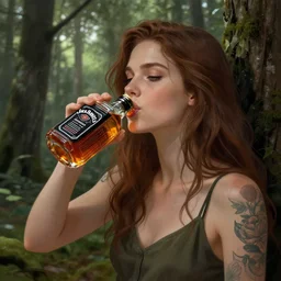 girl drink jack daniels in forest, detailed digital art by greg rutkowski.