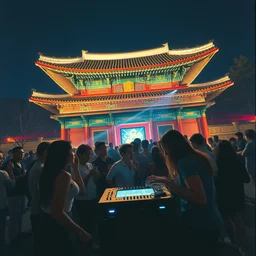 a young party with dj at a korean temple at night, temple lights, tilt shot, detailed painting by storm thorgerson