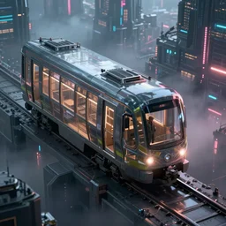 cyberpunk moody isometric scene with futuristic train made of glass and a man standing inside of the train, high angle. With foggy cyberpunk neon city as a background. Digital art, octane render, unreal engine, realistic. beautiful lighting, sharp, details, hyper-detailed, HD, HDR, 4K, 8K